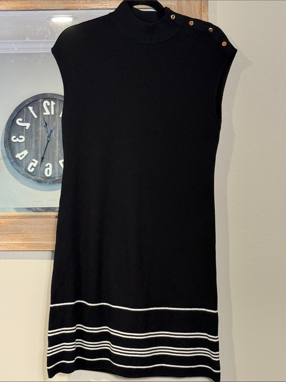 Ann Taylor Black Sleeveless Knit Dress with White Stripe Hem